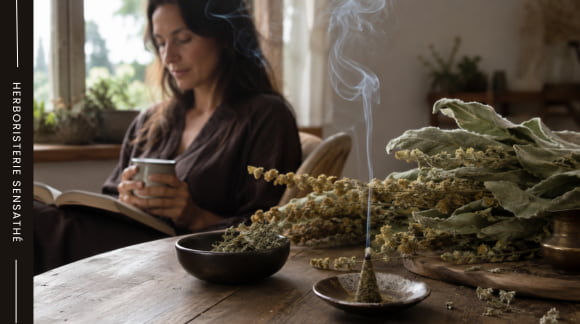 Femme profitant d’un moment de détente avec un encens maison au bouillon blanc fumant sur une table en bois - Herboristerie Sensathé Femme profitant d’un moment de détente avec un encens maison au bouillon blanc fumant sur une table en bois - Herboristerie Sensathé